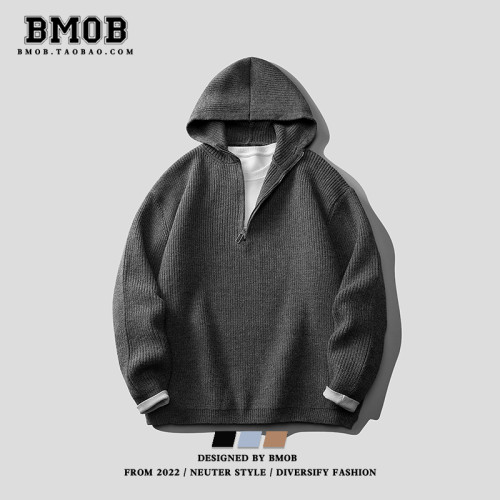 BMOB美式復古半拉鍊連帽針織衫慵懶風簡約潮牌痞帥寬松純色毛衣潮