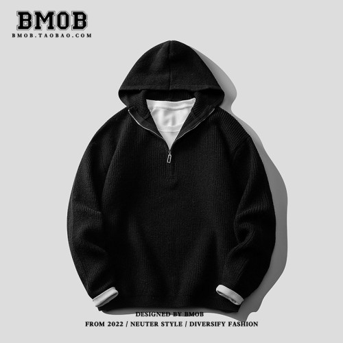 BMOB美式復古半拉鍊連帽針織衫慵懶風簡約潮牌痞帥寬松純色毛衣潮