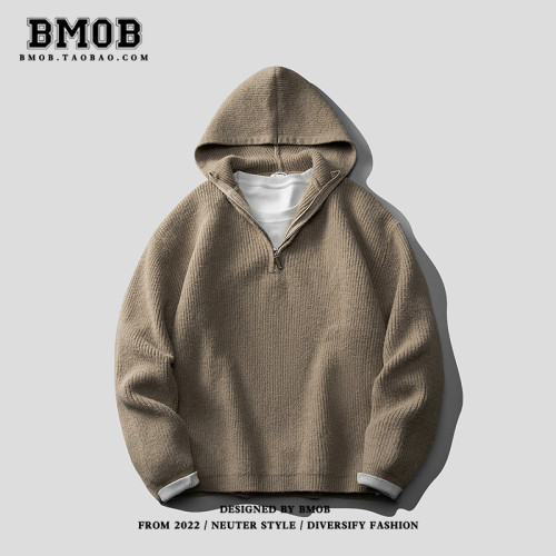 BMOB美式復古半拉鍊連帽針織衫慵懶風簡約潮牌痞帥寬松純色毛衣潮