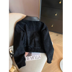 高級感黑色拼接pu皮翻領麂皮絨短外套女春秋潮牌復古休閒夾克上衣