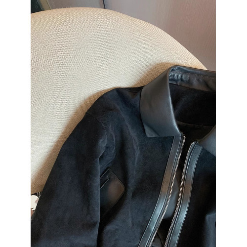 高級感黑色拼接pu皮翻領麂皮絨短外套女春秋潮牌復古休閒夾克上衣 高級感黑色拼接pu皮翻領麂皮絨短外套女春秋潮牌復古休閒夾克上衣