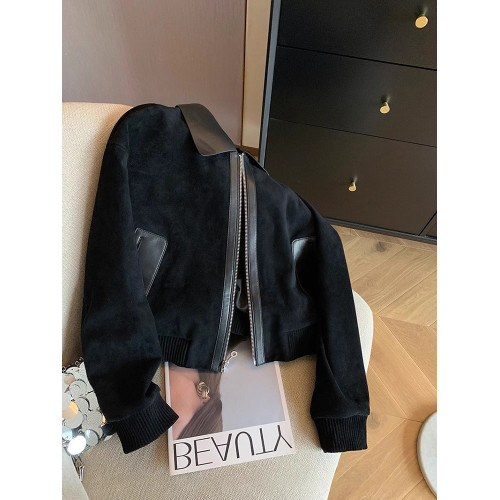 高級感黑色拼接pu皮翻領麂皮絨短外套女春秋潮牌復古休閒夾克上衣 高級感黑色拼接pu皮翻領麂皮絨短外套女春秋潮牌復古休閒夾克上衣