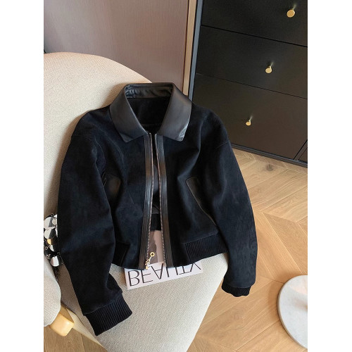 高級感黑色拼接pu皮翻領麂皮絨短外套女春秋潮牌復古休閒夾克上衣 高級感黑色拼接pu皮翻領麂皮絨短外套女春秋潮牌復古休閒夾克上衣