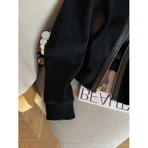 高級感黑色拼接pu皮翻領麂皮絨短外套女春秋潮牌復古休閒夾克上衣 高級感黑色拼接pu皮翻領麂皮絨短外套女春秋潮牌復古休閒夾克上衣