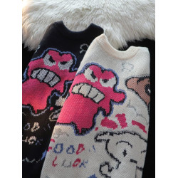 卡通蠟筆小新提花毛衣男女秋冬季寬松情侶上衣圓領情侶長袖針織衫