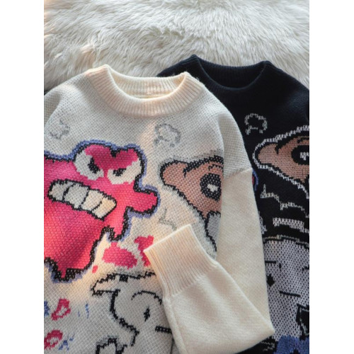 卡通蠟筆小新提花毛衣男女秋冬季寬松情侶上衣圓領情侶長袖針織衫