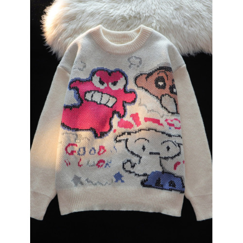 卡通蠟筆小新提花毛衣男女秋冬季寬松情侶上衣圓領情侶長袖針織衫