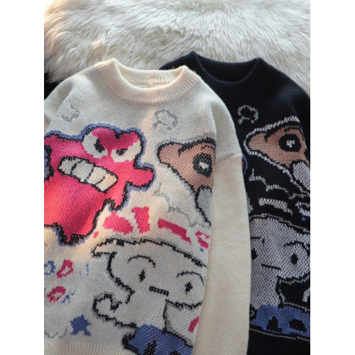 卡通蠟筆小新提花毛衣男女秋冬季寬松情侶上衣圓領情侶長袖針織衫