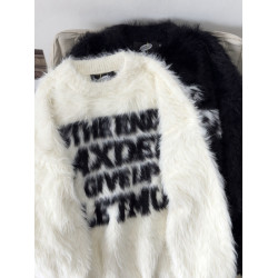 美式高街情侶毛絨軟糯毛衣男女秋冬仿貂毛慵懶寬松字母針織衫外穿