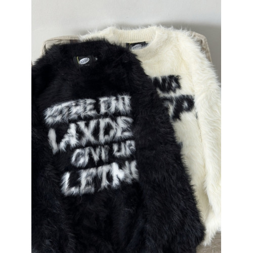 美式高街情侶毛絨軟糯毛衣男女秋冬仿貂毛慵懶寬松字母針織衫外穿