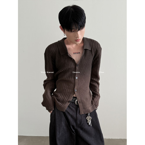 VERY FEWEST cleanfit做舊噴染漸變POLO領長袖針織衫老錢松弛開衫