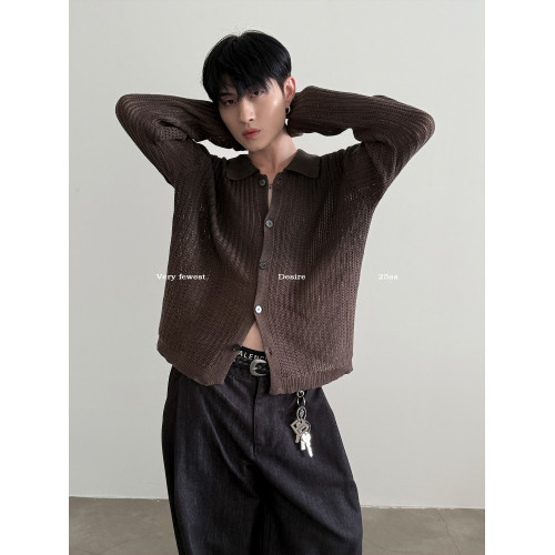 VERY FEWEST cleanfit做舊噴染漸變POLO領長袖針織衫老錢松弛開衫