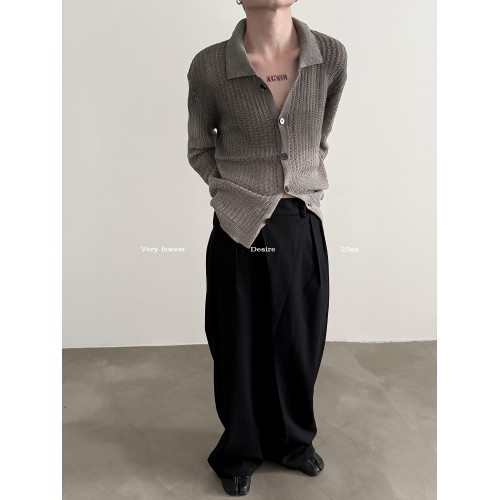 VERY FEWEST cleanfit做舊噴染漸變POLO領長袖針織衫老錢松弛開衫