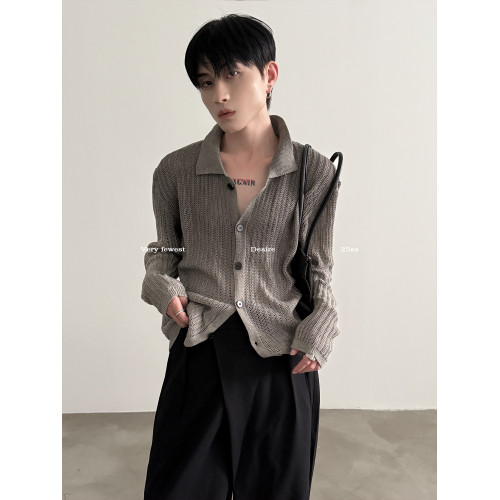 VERY FEWEST cleanfit做舊噴染漸變POLO領長袖針織衫老錢松弛開衫