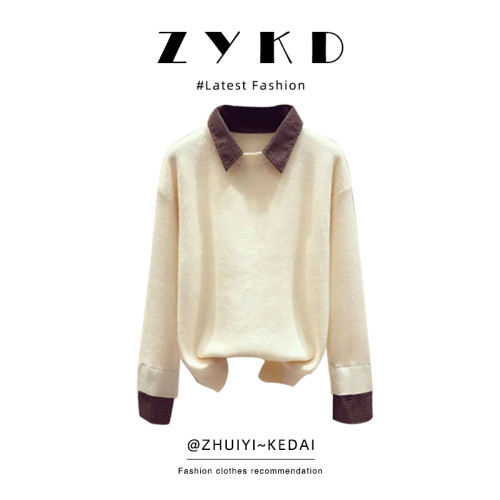 假兩件拼接POLO領領毛衣女秋冬日系慵懶風復古上衣保暖內搭打底衫