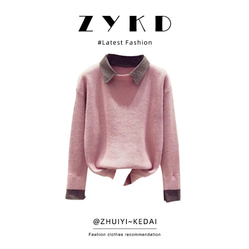 假兩件拼接POLO領領毛衣女秋冬日系慵懶風復古上衣保暖內搭打底衫