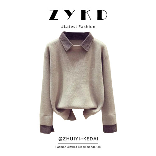 假兩件拼接POLO領領毛衣女秋冬日系慵懶風復古上衣保暖內搭打底衫