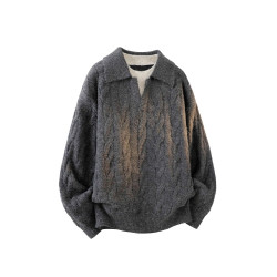 老錢風假兩件翻領毛衣男秋冬慵懶風內搭保暖寬松休閒上衣針織線衫