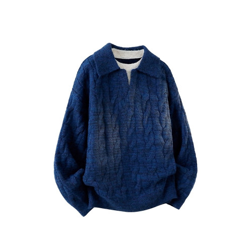 老錢風假兩件翻領毛衣男秋冬慵懶風內搭保暖寬松休閒上衣針織線衫