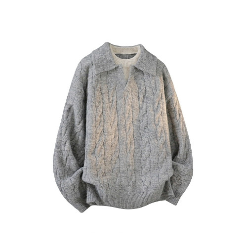 老錢風假兩件翻領毛衣男秋冬慵懶風內搭保暖寬松休閒上衣針織線衫