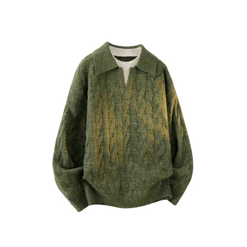 老錢風假兩件翻領毛衣男秋冬慵懶風內搭保暖寬松休閒上衣針織線衫