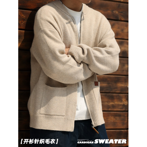 BGYO鹿起 美式休閒680g重磅拉鍊開衫毛衣男7針粗線復古針織外套秋