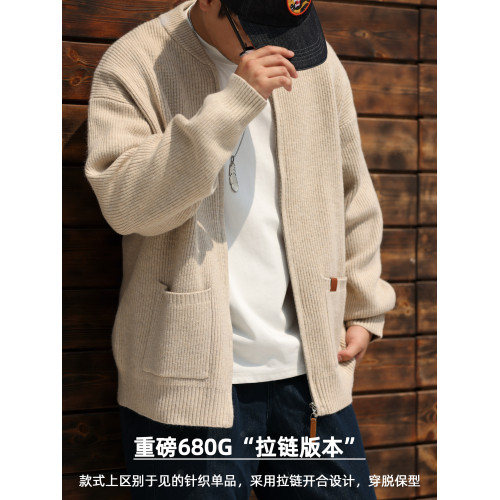 BGYO鹿起 美式休閒680g重磅拉鍊開衫毛衣男7針粗線復古針織外套秋