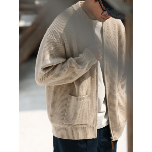 BGYO鹿起 美式休閒680g重磅拉鍊開衫毛衣男7針粗線復古針織外套秋