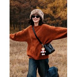 韓系焦糖色軟糯圓領加厚毛衣女秋冬外穿奶fufu寬松慵懶風針織上衣