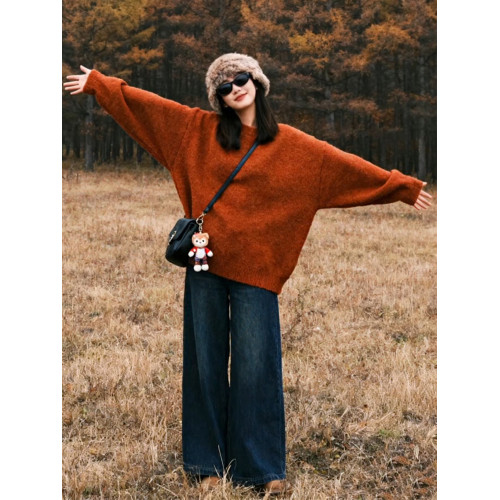 韓系焦糖色軟糯圓領加厚毛衣女秋冬外穿奶fufu寬松慵懶風針織上衣