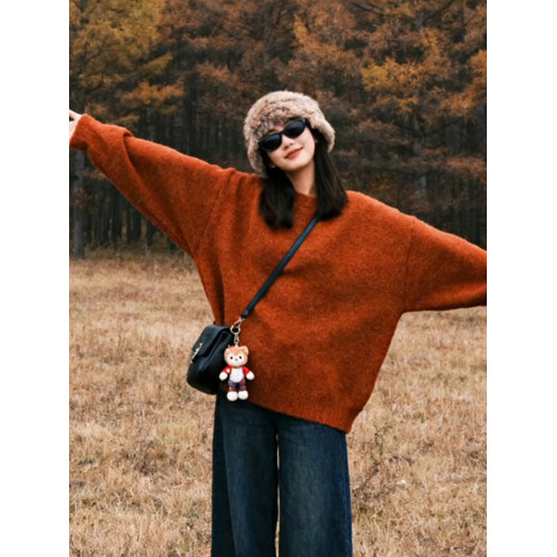 韓系焦糖色軟糯圓領加厚毛衣女秋冬外穿奶fufu寬松慵懶風針織上衣