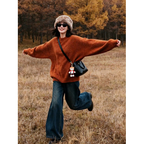 韓系焦糖色軟糯圓領加厚毛衣女秋冬外穿奶fufu寬松慵懶風針織上衣