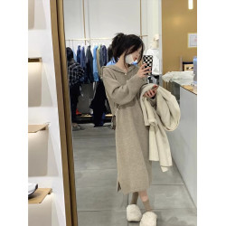 法式長袖連帽針織毛衣連衣裙子2023新款秋冬季寬松內搭打底長裙女