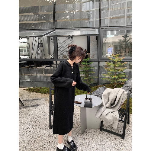 法式長袖連帽針織毛衣連衣裙子2023新款秋冬季寬松內搭打底長裙女