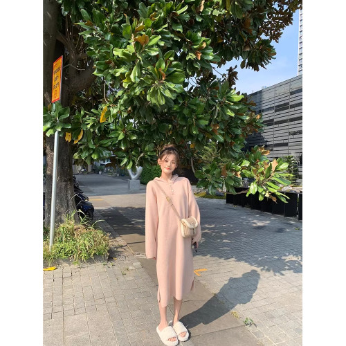 法式長袖連帽針織毛衣連衣裙子2023新款秋冬季寬松內搭打底長裙女