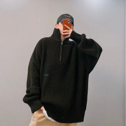 dannyandzee秋冬國潮高街寬鬆慵嬾半高領拉鍊套頭針織毛衣外套男