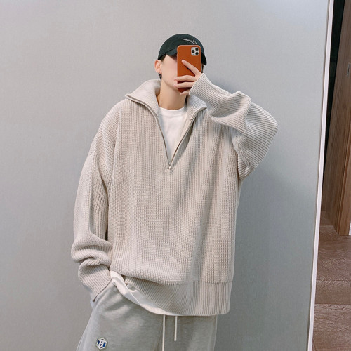 dannyandzee秋冬國潮高街寬鬆慵嬾半高領拉鍊套頭針織毛衣外套男