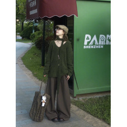 森系綠色掛脖飄帶v領針織毛衣女2025秋冬慵懶風寬松套頭長袖上衣