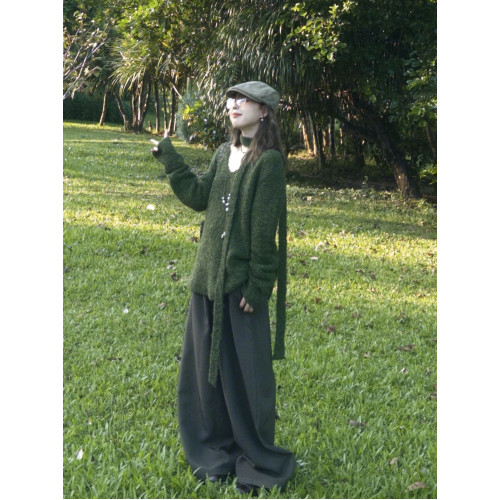 森系綠色掛脖飄帶v領針織毛衣女2025秋冬慵懶風寬松套頭長袖上衣