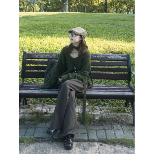 森系綠色掛脖飄帶v領針織毛衣女2025秋冬慵懶風寬松套頭長袖上衣