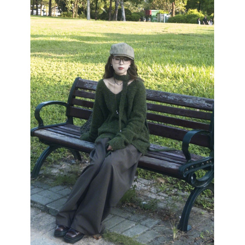 森系綠色掛脖飄帶v領針織毛衣女2025秋冬慵懶風寬松套頭長袖上衣
