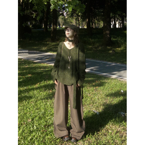 森系綠色掛脖飄帶v領針織毛衣女2025秋冬慵懶風寬松套頭長袖上衣