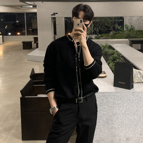 針織開衫男秋季高級感毛衣外套輕熟風百搭帥氣修身翻領外穿毛線衣