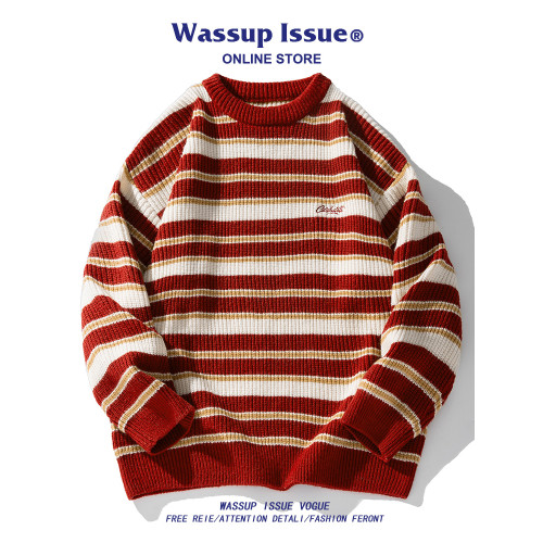 WASSUP ISSUE日系條紋毛衣男秋冬季潮牌情侶款圓領針織衫上衣男款