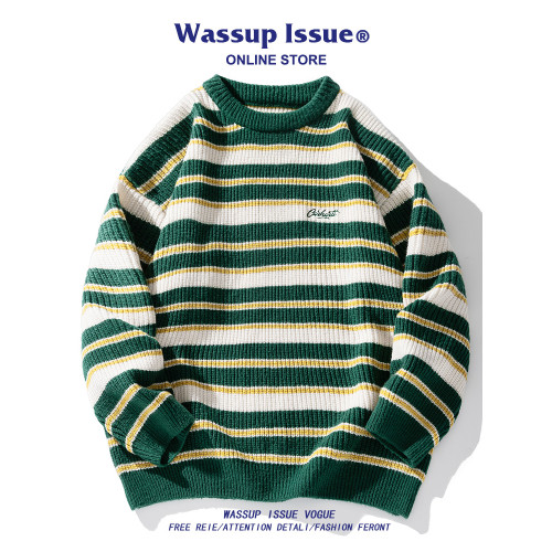 WASSUP ISSUE日系條紋毛衣男秋冬季潮牌情侶款圓領針織衫上衣男款