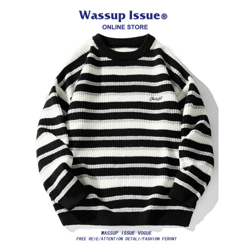 WASSUP ISSUE日系條紋毛衣男秋冬季潮牌情侶款圓領針織衫上衣男款