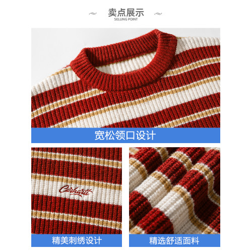 WASSUP ISSUE日系條紋毛衣男秋冬季潮牌情侶款圓領針織衫上衣男款