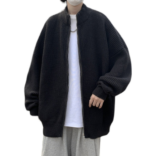 ins潮牌日系開衫毛衣男秋冬季美式高街復古寬松立領拉鍊針織外套