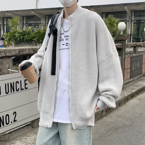 ins潮牌日系開衫毛衣男秋冬季美式高街復古寬松立領拉鍊針織外套