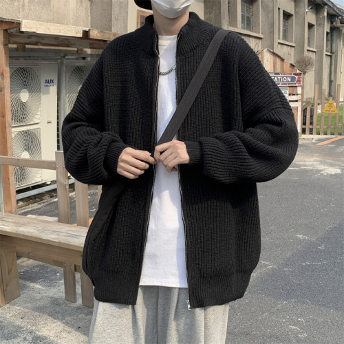 ins潮牌日系開衫毛衣男秋冬季美式高街復古寬松立領拉鍊針織外套